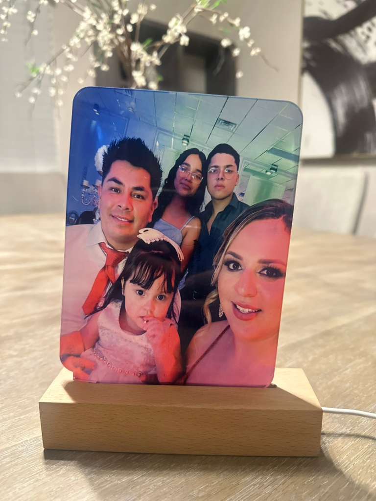 Personalized Acrylic Photo Frame with LED Light & Wooden Base